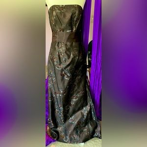 Formal brown gown w/ florals including copper/bronze metallic thread highlights